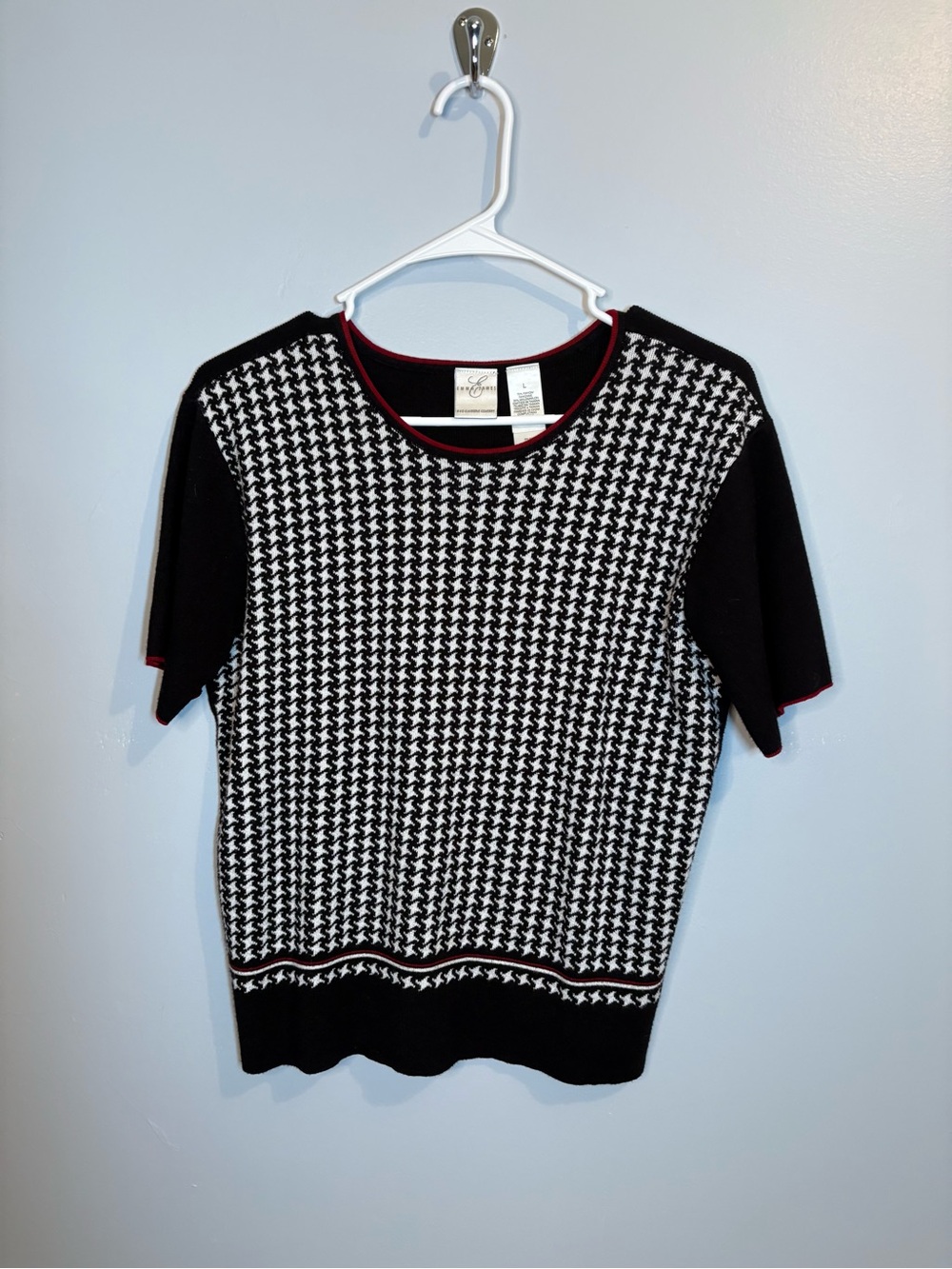 Emma James Classic Black & White Houndstooth Short-Sleeve Sweater Fall Winter